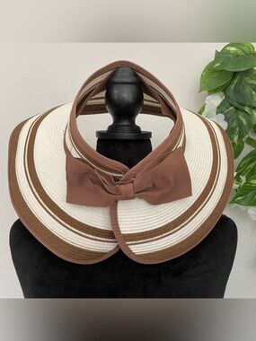 Straw Visor Hat Brown & Cream Wide Brim Sun Hat, Chic Summer Resort Style